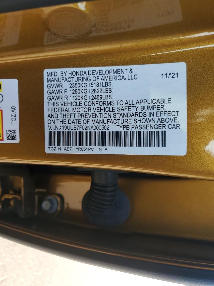 2022 Acura Tlx Type S VIN: 19UUB7F02NA000502 Lot: 66935404