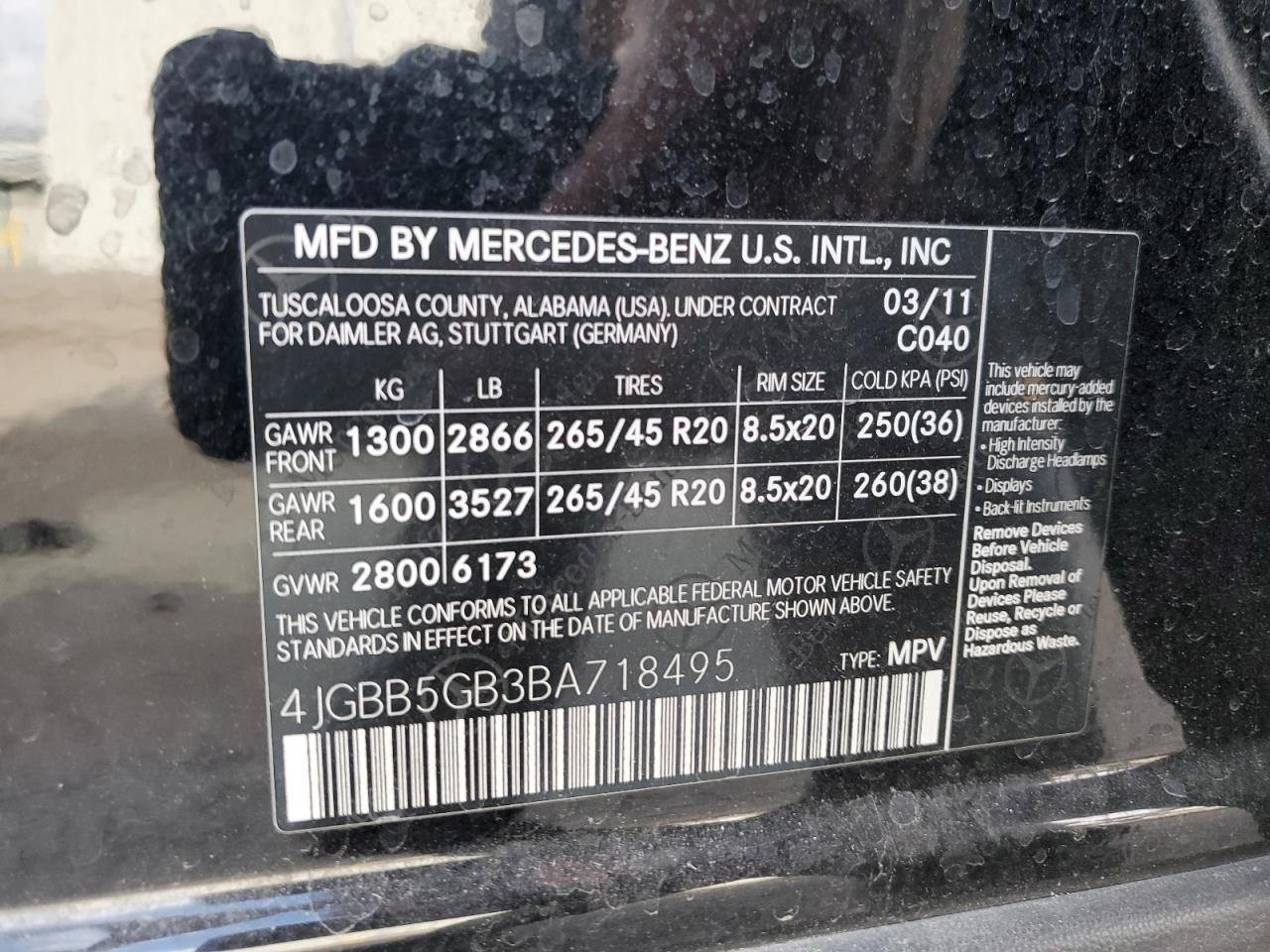 2011 Mercedes-Benz Ml 350 VIN: 4JGBB5GB3BA718495 Lot: 69806984