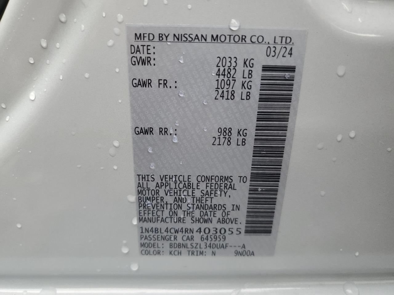 2024 Nissan Altima Sr VIN: 1N4BL4CW4RN403055 Lot: 65807434