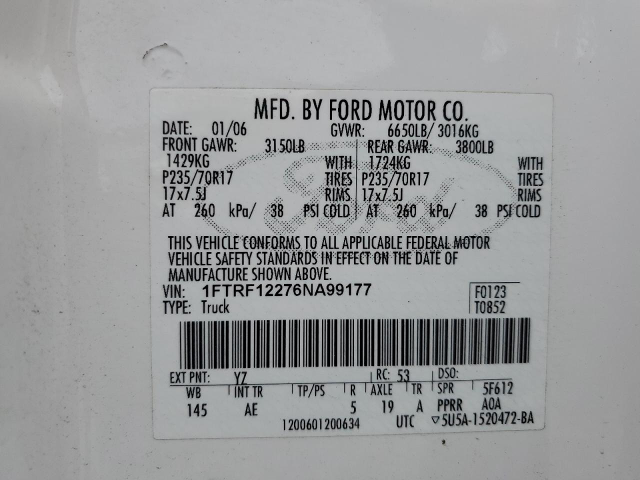 2006 Ford F150 VIN: 1FTRF12276NA99177 Lot: 66813134