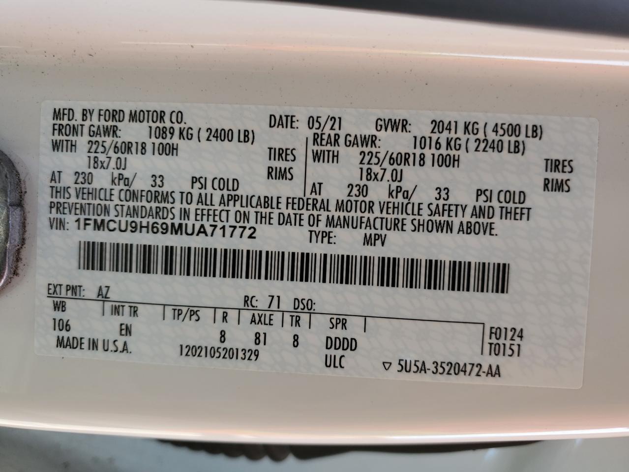 2021 Ford Escape Sel VIN: 1FMCU9H69MUA71772 Lot: 67785544