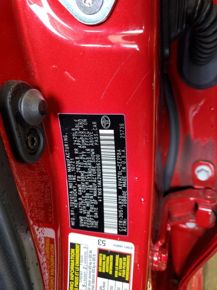 2022 Toyota Camry Xse VIN: 4T1K61AK2NU006200 Lot: 65858534