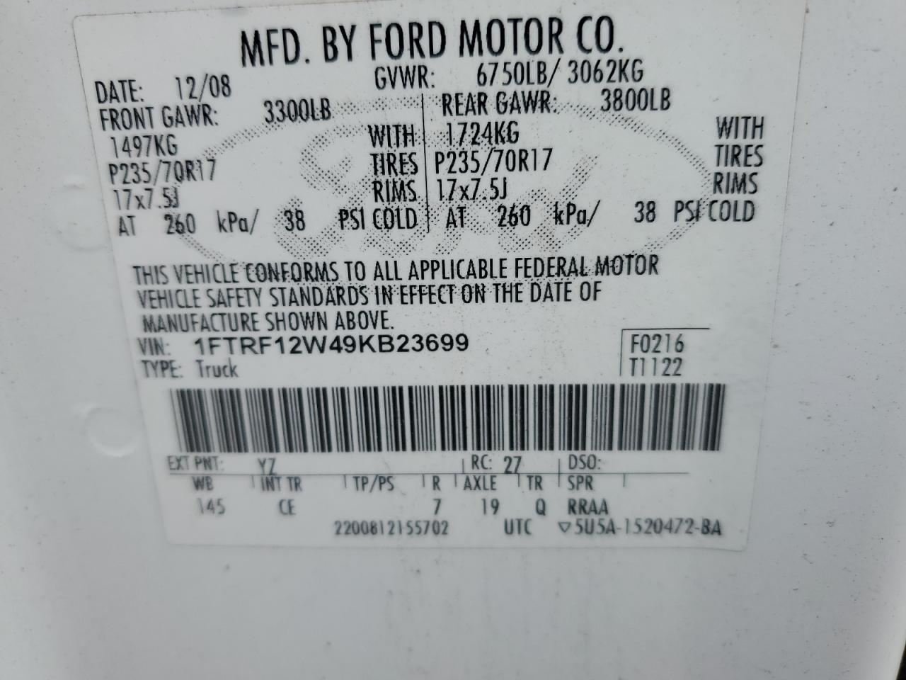 2009 Ford F150 VIN: 1FTRF12W49KB23699 Lot: 62827284