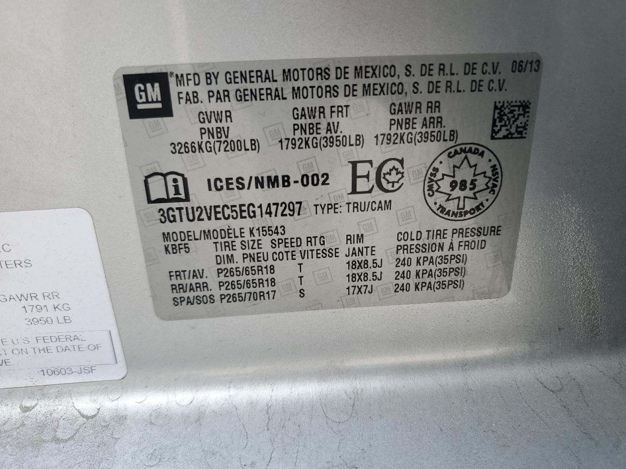 3GTU2VEC5EG147297 2014 GMC Sierra K1500 Slt