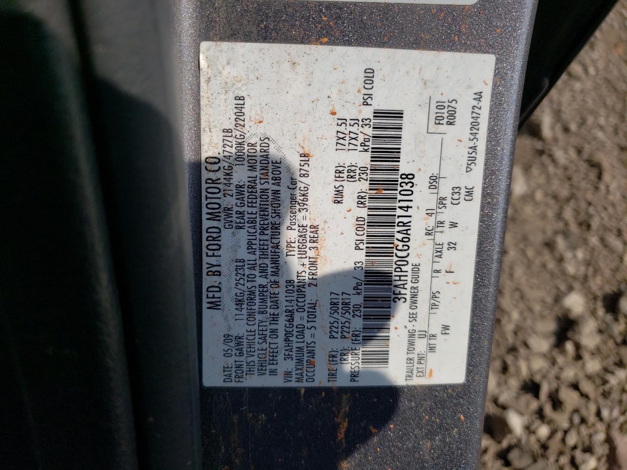 2010 Ford Fusion Sel VIN: 3FAHP0CG6AR141038 Lot: 65555054