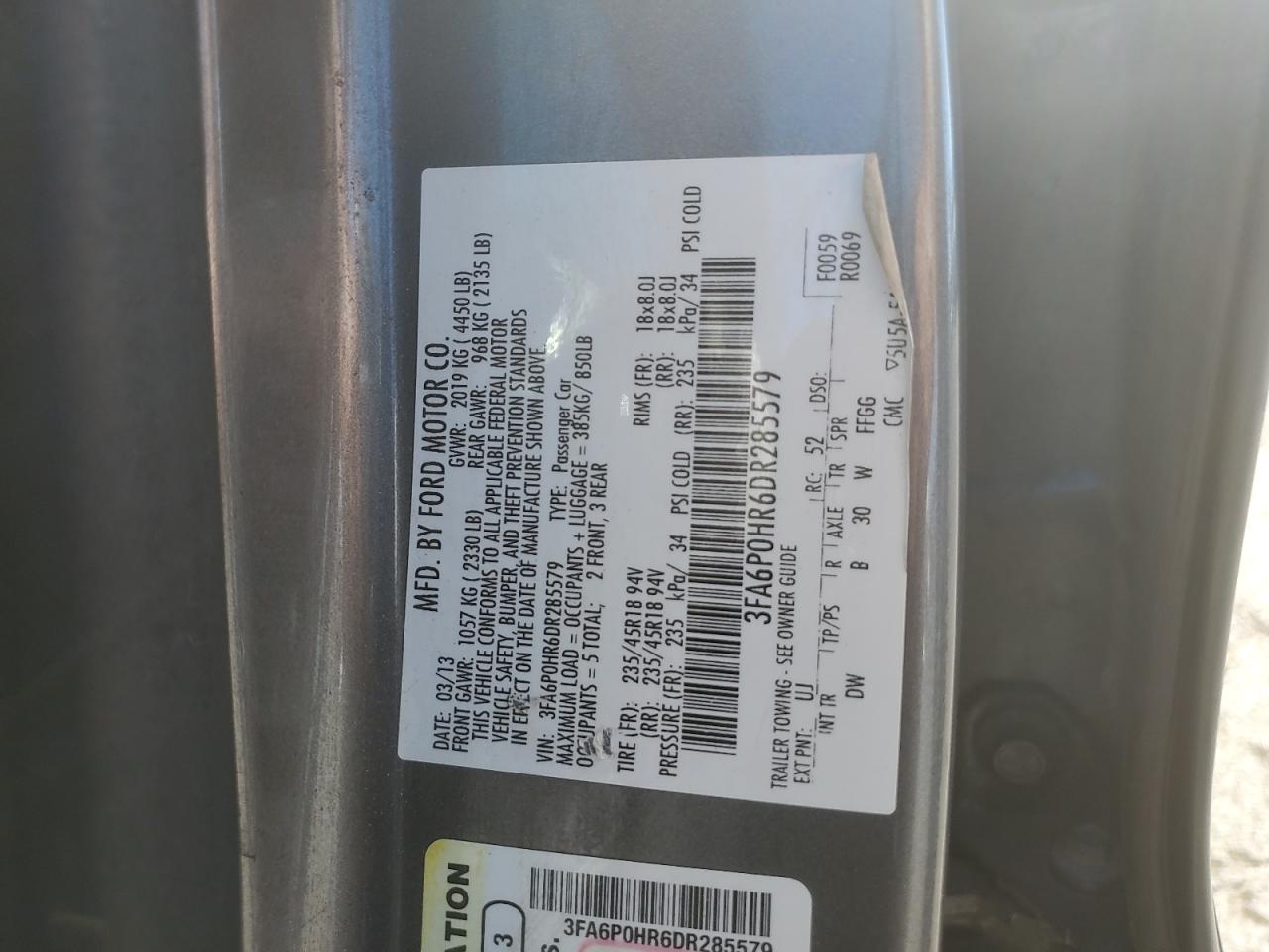 2013 Ford Fusion Se VIN: 3FA6P0HR6DR285579 Lot: 69976344