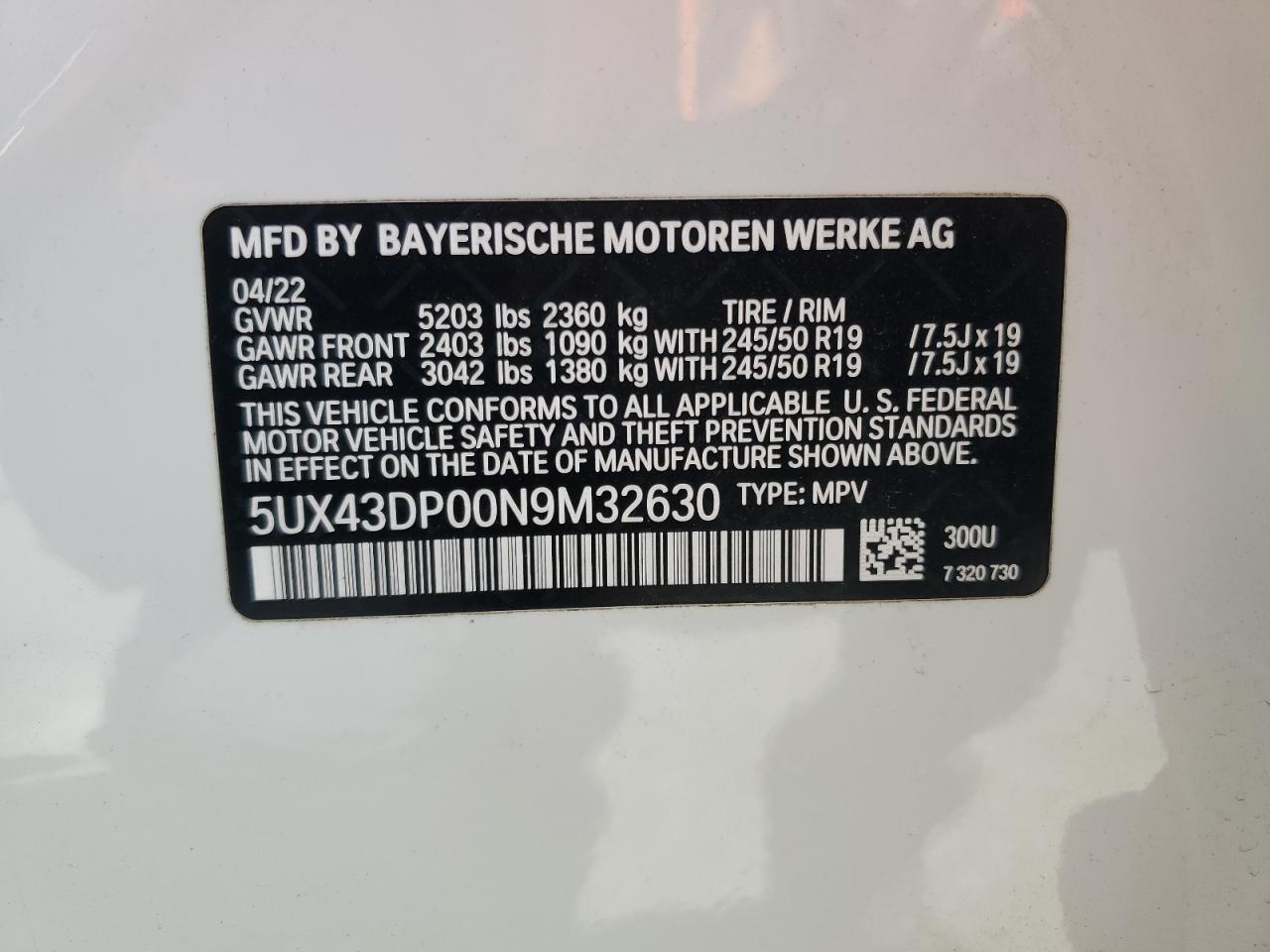 2022 BMW X3 Sdrive30I VIN: 5UX43DP00N9M32630 Lot: 69798344