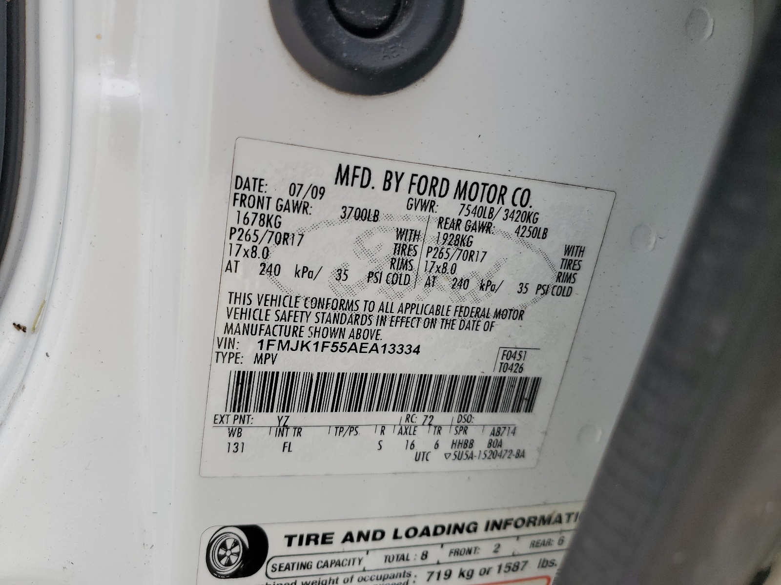 1FMJK1F55AEA13334 2010 Ford Expedition El Xlt