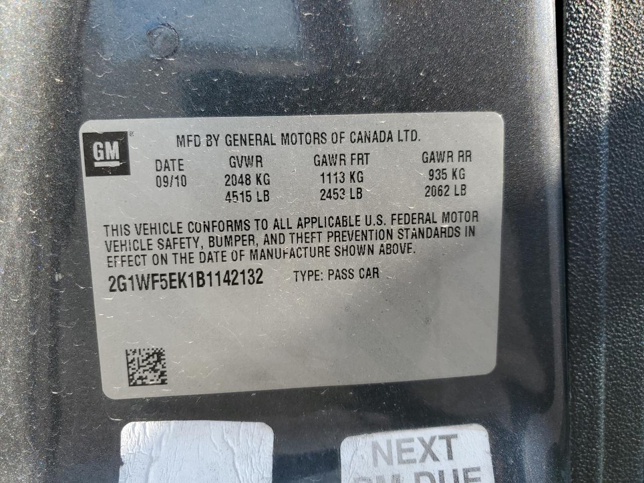 2011 Chevrolet Impala Ls VIN: 2G1WF5EK1B1142132 Lot: 68830184