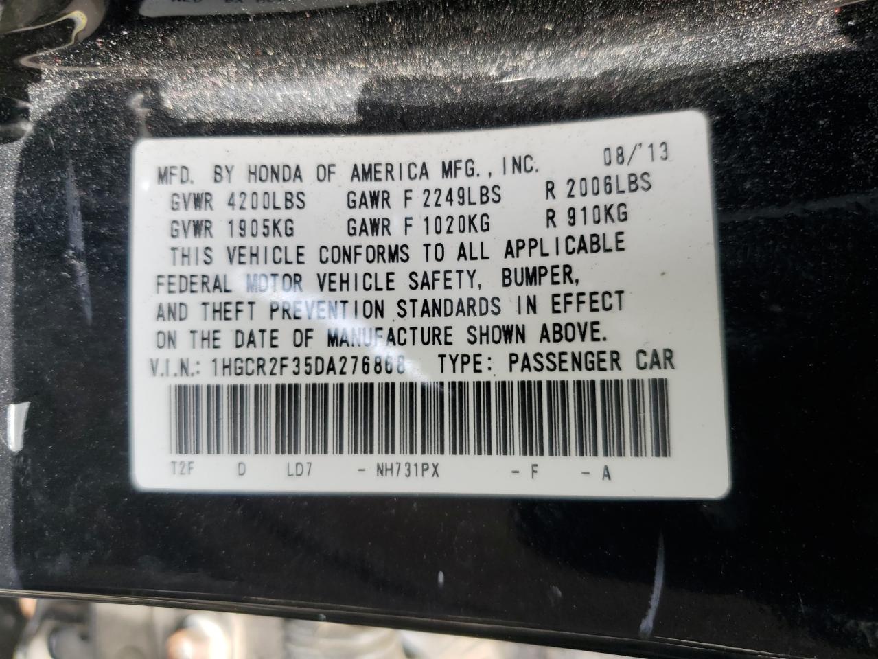 1HGCR2F35DA276868 2013 Honda Accord Lx