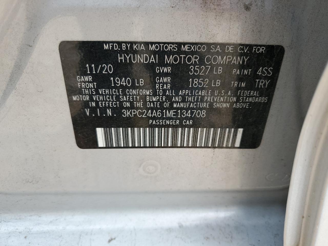 3KPC24A61ME134708 2021 Hyundai Accent Se