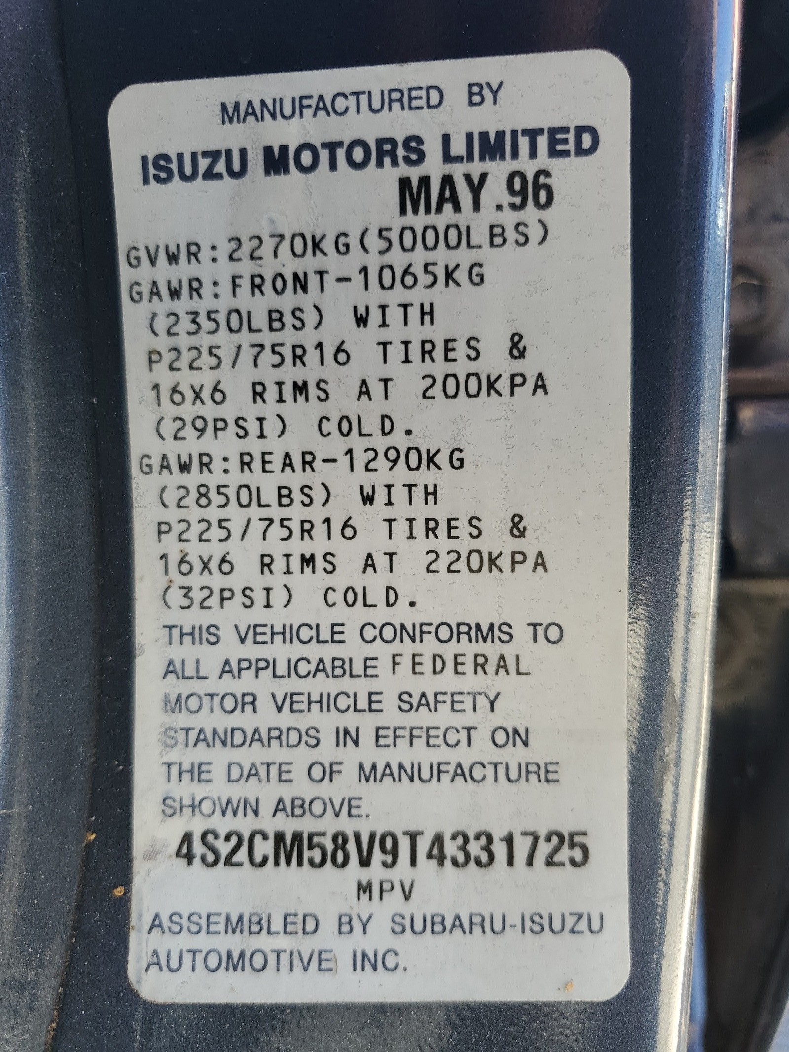 4S2CM58V9T4331725 1996 Isuzu Rodeo S