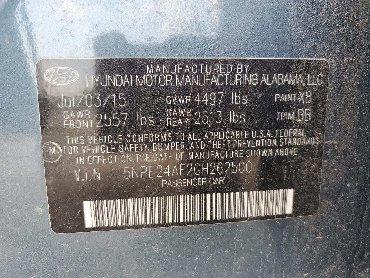 2016 Hyundai Sonata Se VIN: 5NPE24AF2GH262500 Lot: 66011334