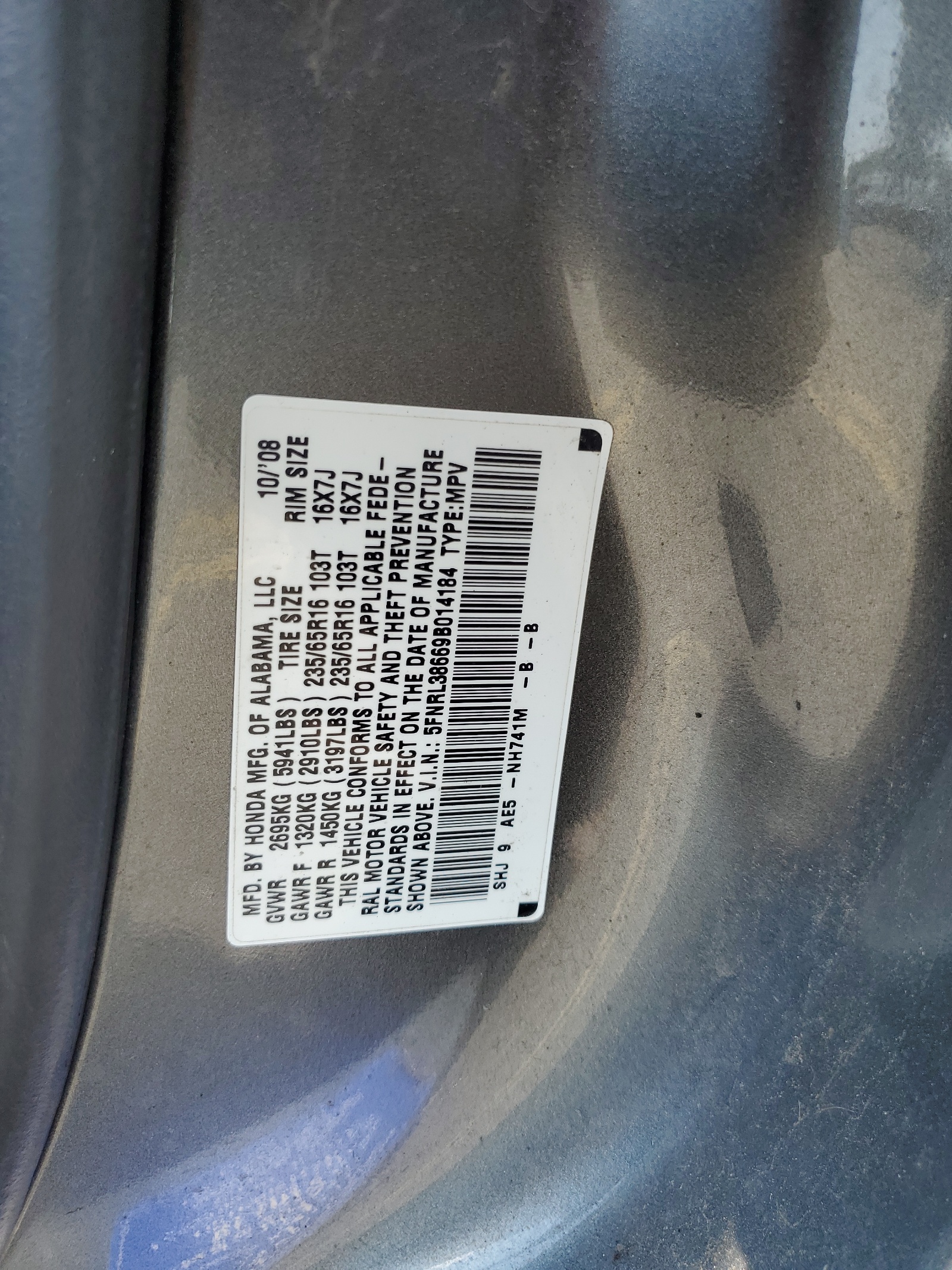 5FNRL38669B014184 2009 Honda Odyssey Exl