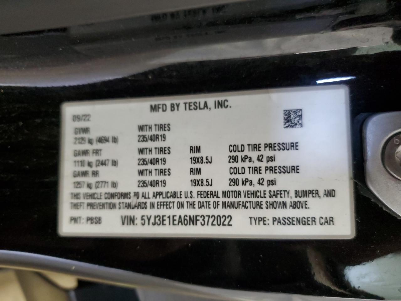 2022 Tesla Model 3 VIN: 5YJ3E1EA6NF372022 Lot: 65090004