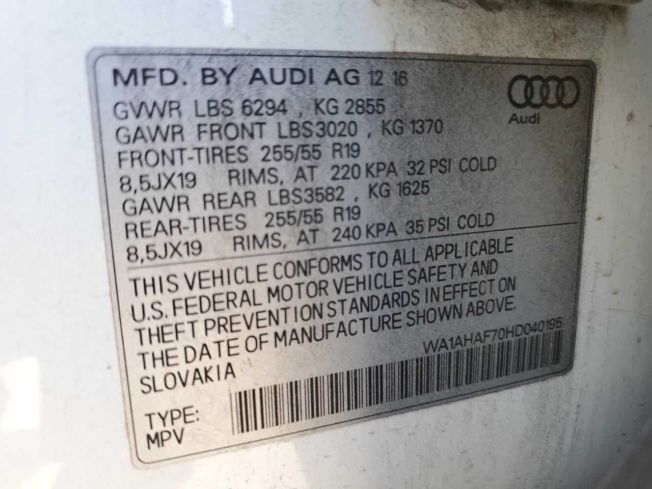 2017 Audi Q7 Premium VIN: WA1AHAF70HD040195 Lot: 65210784