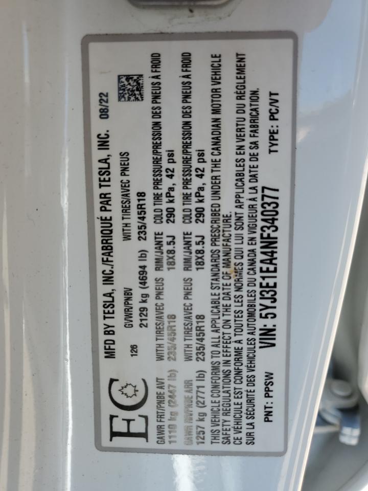 5YJ3E1EA4NF340377 2022 TESLA MODEL 3 - Image 12