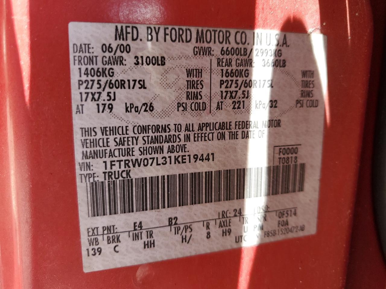 2001 Ford F150 Supercrew VIN: 1FTRW07L31KE19441 Lot: 67276674