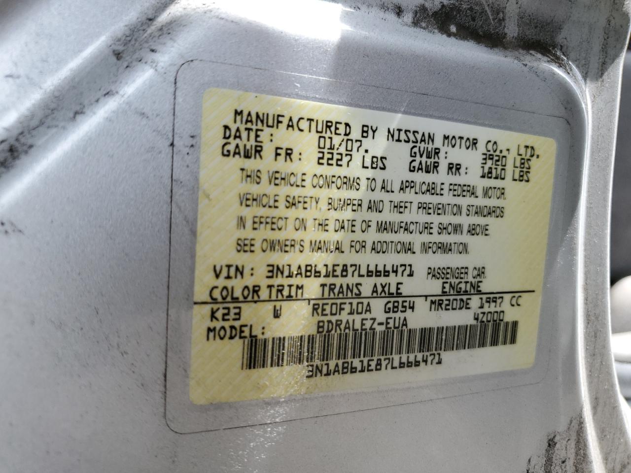 3N1AB61E87L666471 2007 Nissan Sentra 2.0