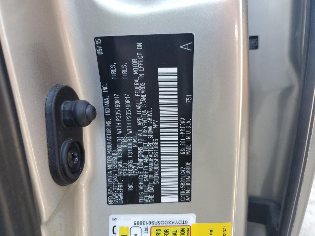 2015 Toyota Sienna Xle VIN: 5TDYK3DC5FS613885 Lot: 66953814