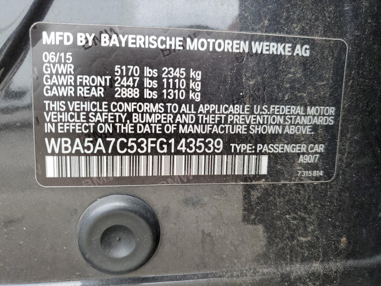 2015 BMW 528 Xi VIN: WBA5A7C53FG143539 Lot: 67389944