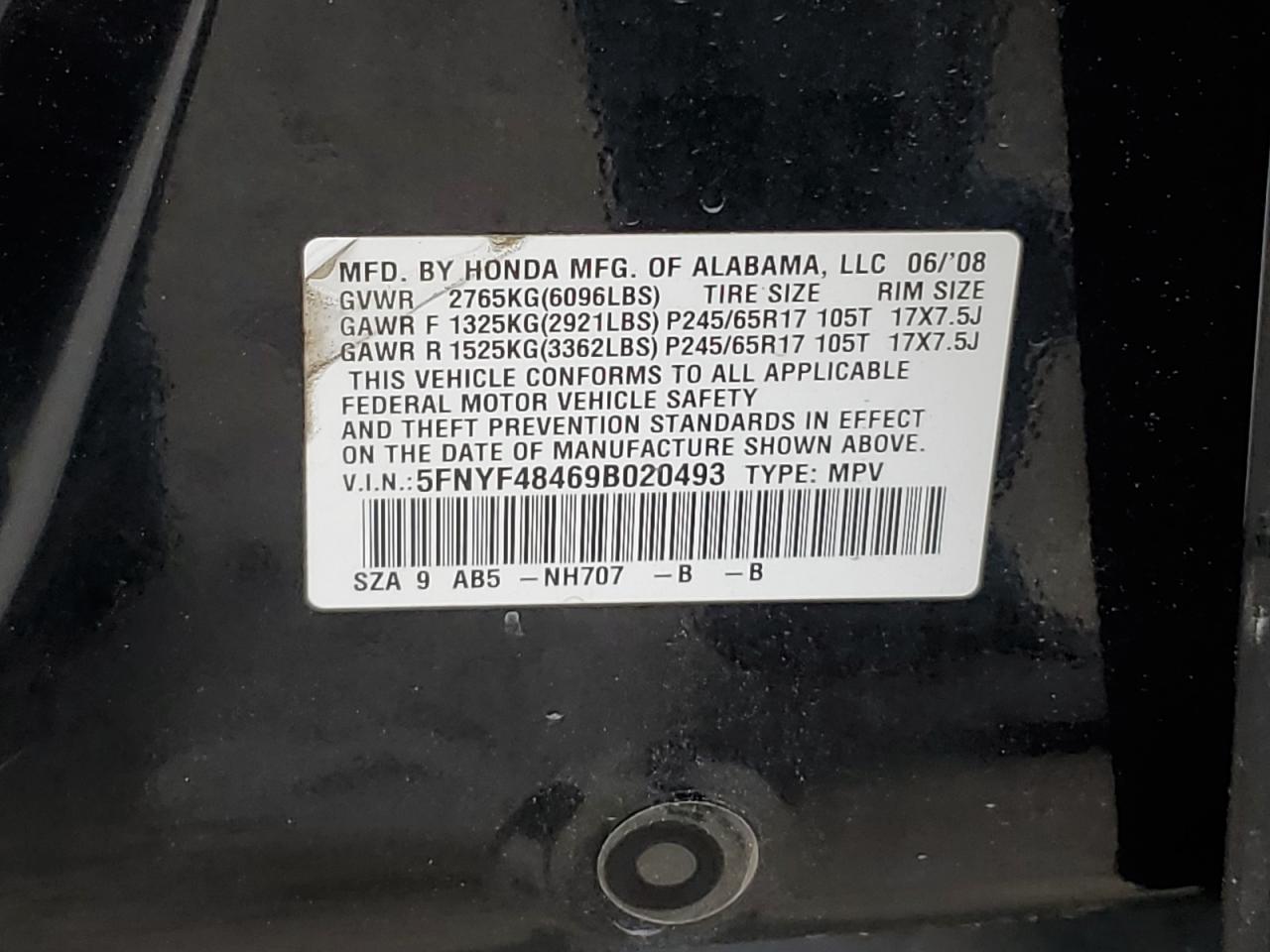 2009 Honda Pilot Ex VIN: 5FNYF48469B020493 Lot: 65835724