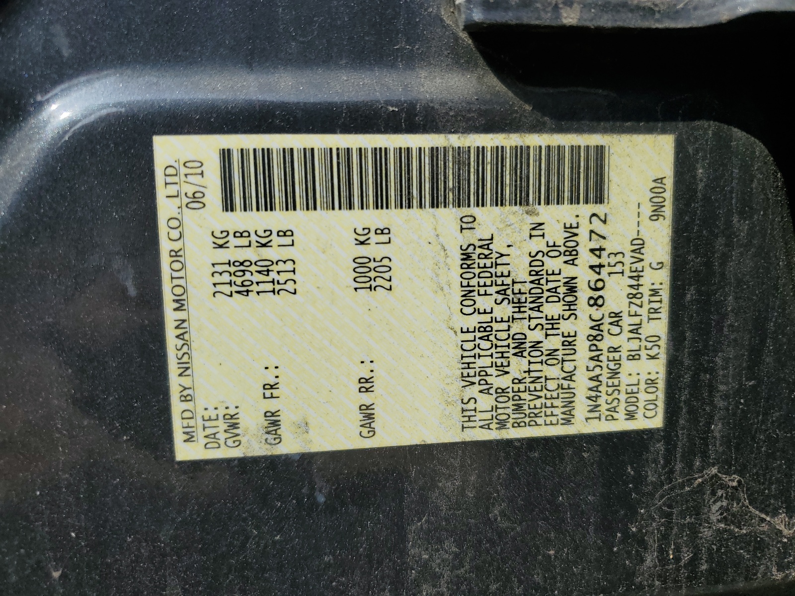 1N4AA5AP8AC864472 2010 Nissan Maxima S