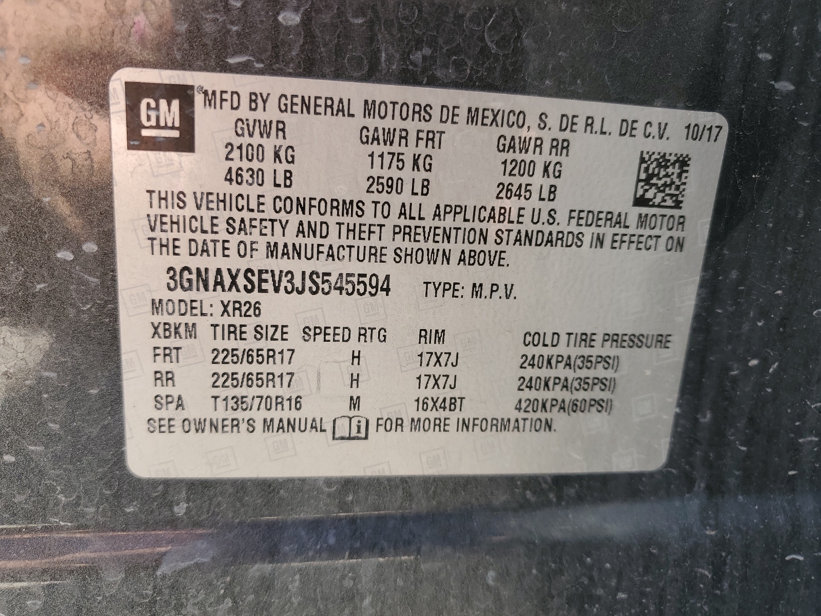 3GNAXSEV3JS545594 2018 Chevrolet Equinox Lt