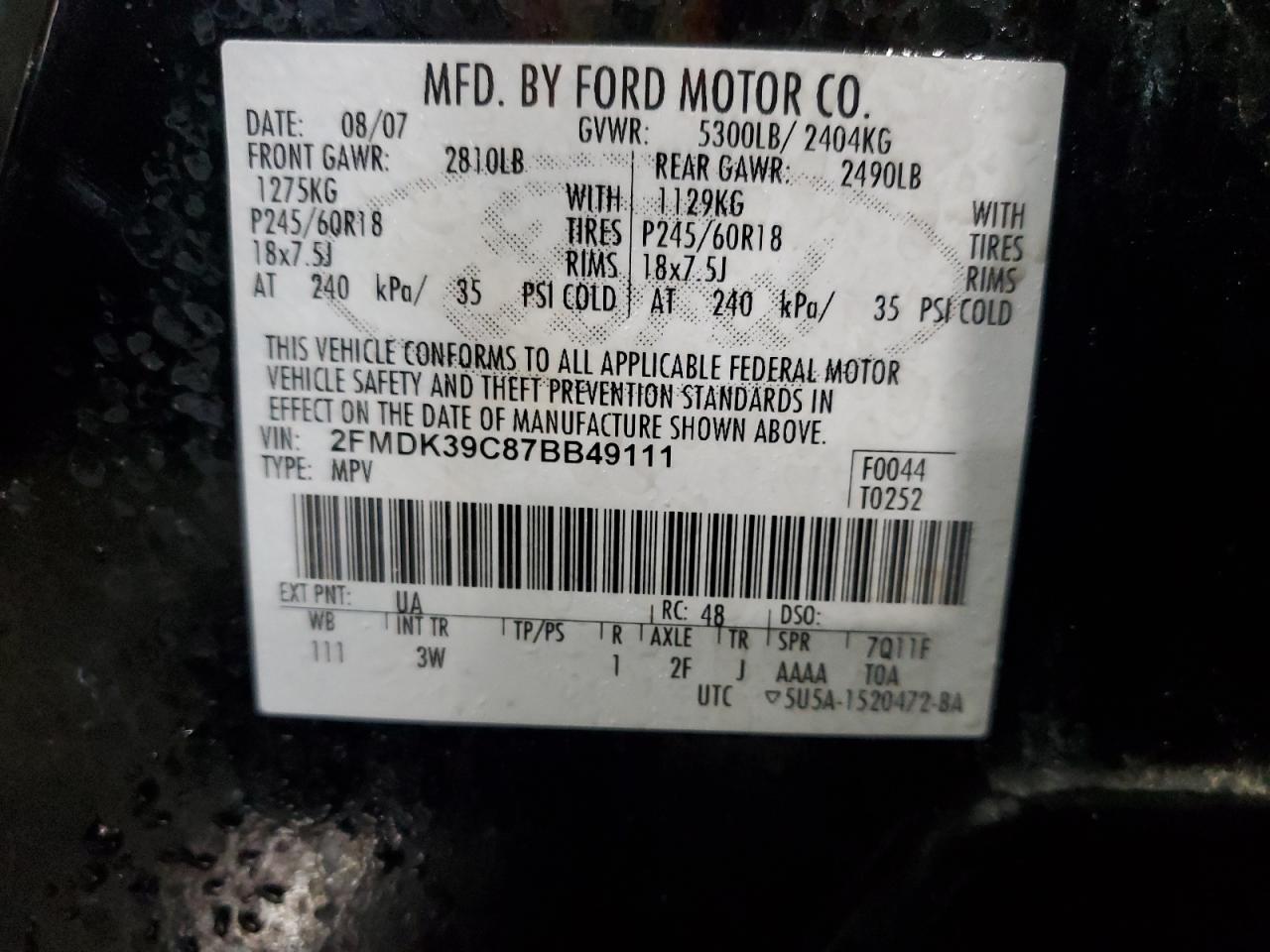 2FMDK39C87BB49111 2007 Ford Edge Sel Plus