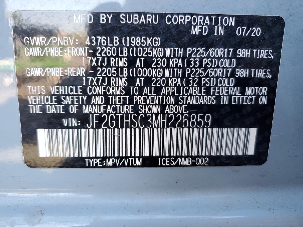 2021 Subaru Crosstrek Sport VIN: JF2GTHSC3MH226859 Lot: 69060744