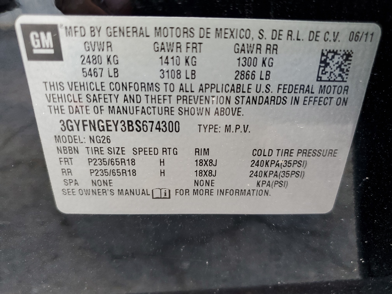 3GYFNGEY3BS674300 2011 Cadillac Srx