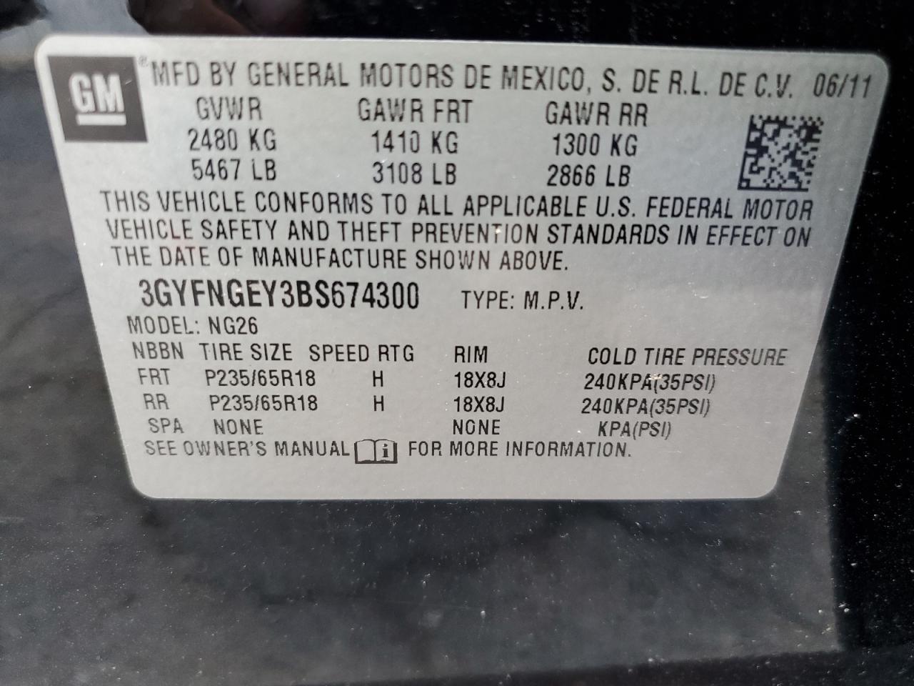 2011 Cadillac Srx VIN: 3GYFNGEY3BS674300 Lot: 66981994