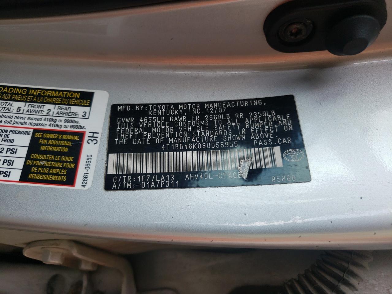 4T1BB46K08U055955 2008 Toyota Camry Hybrid