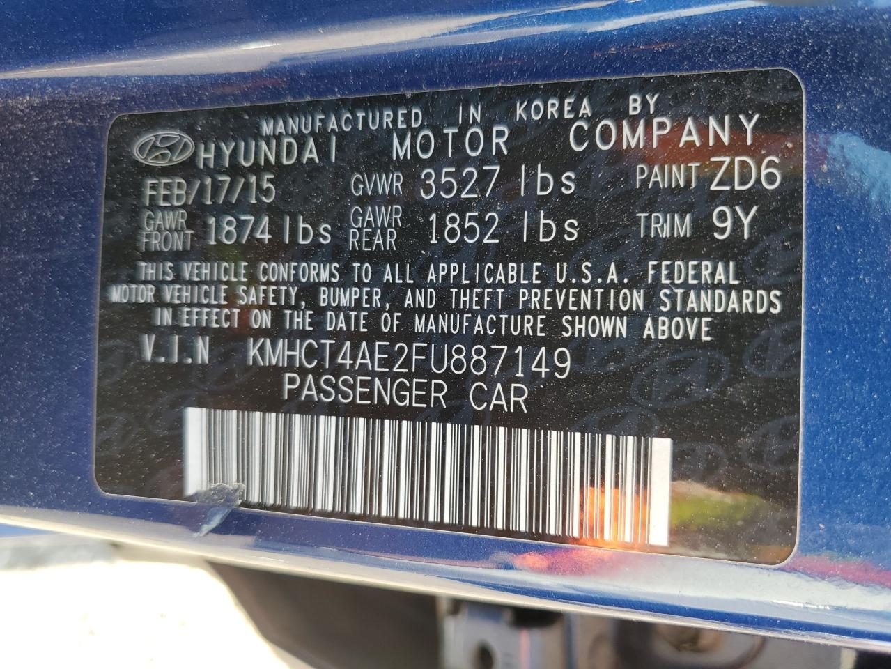 2015 Hyundai Accent Gls VIN: KMHCT4AE2FU887149 Lot: 66547624