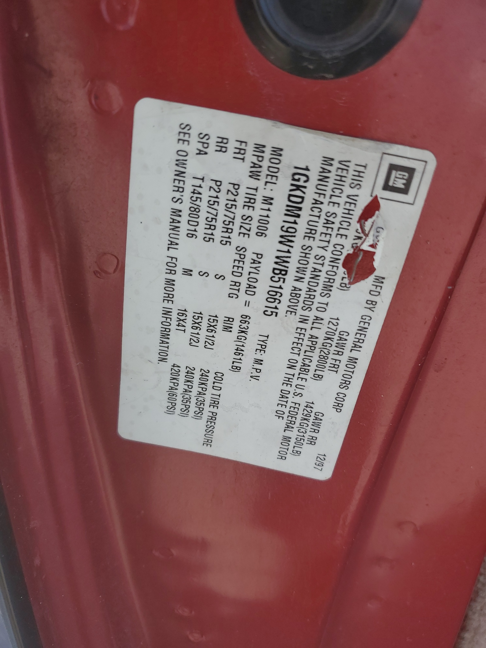 1GKDM19W1WB516615 1998 GMC Safari Xt