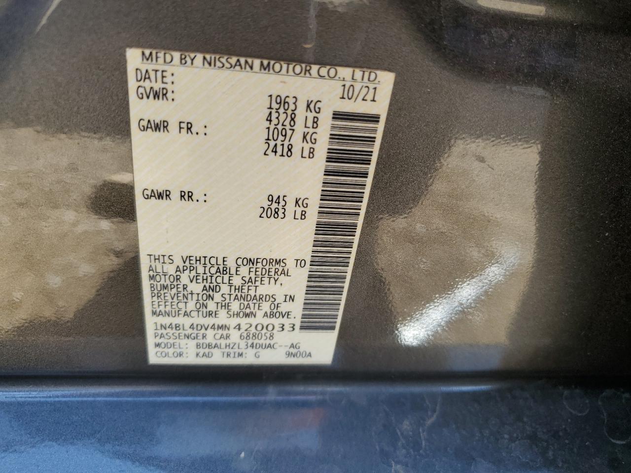 1N4BL4DV4MN420033 2021 Nissan Altima Sv