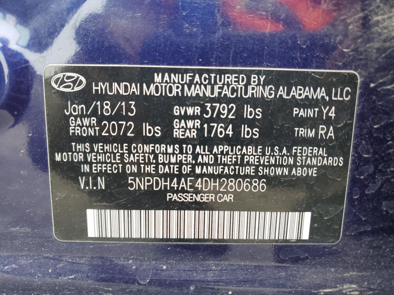 2013 Hyundai Elantra Gls VIN: 5NPDH4AE4DH280686 Lot: 65588204