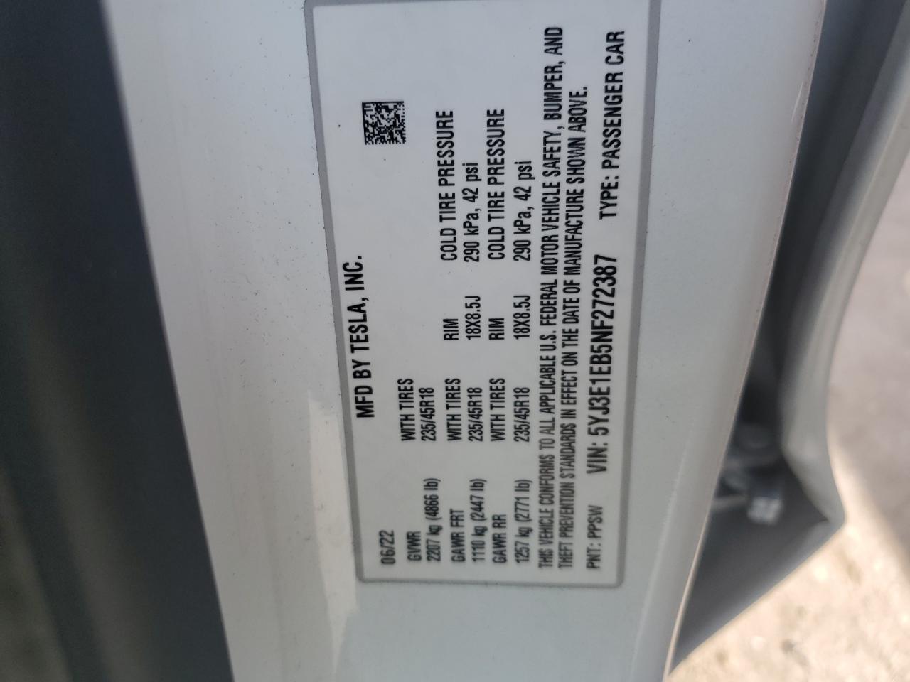 5YJ3E1EB5NF272387 2022 Tesla Model 3