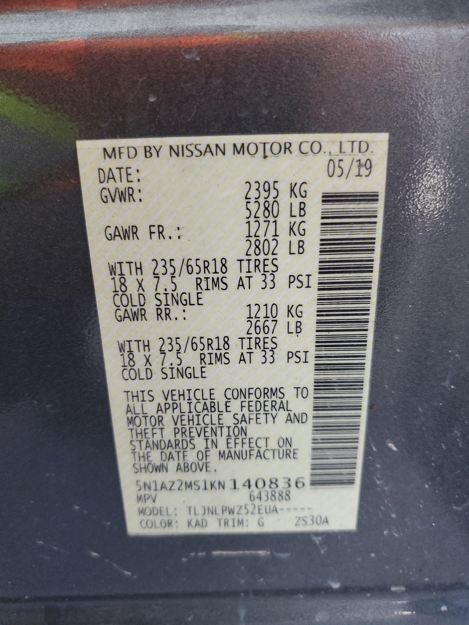 5N1AZ2MS1KN140836 2019 Nissan Murano S