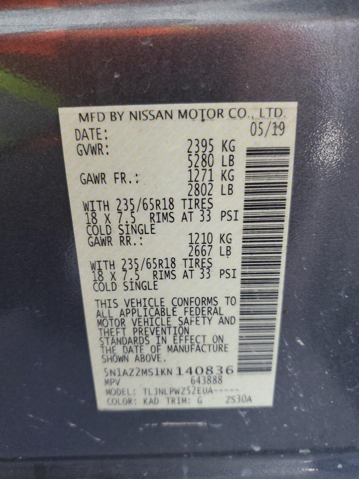 2019 Nissan Murano S VIN: 5N1AZ2MS1KN140836 Lot: 66141964