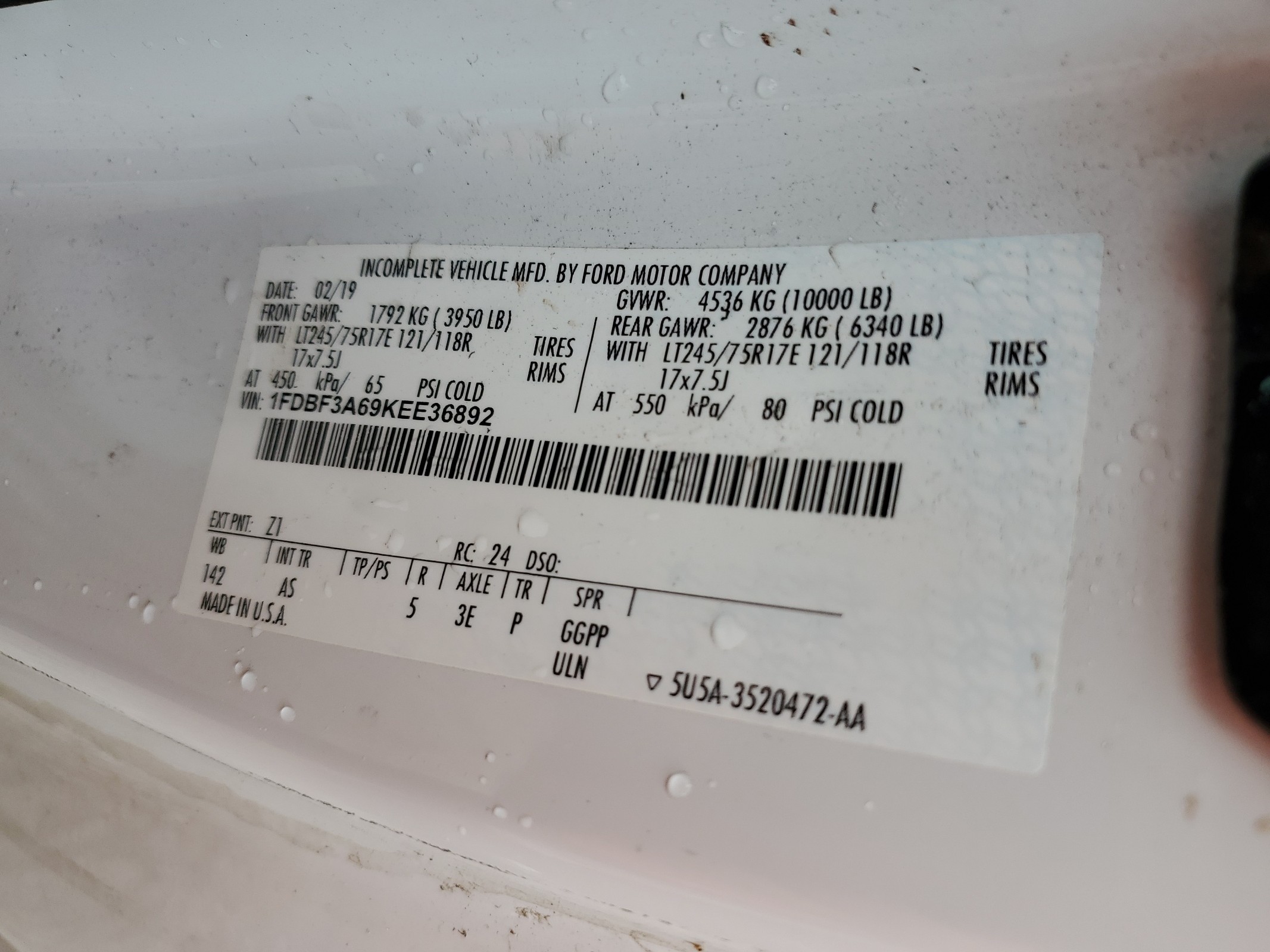 1FDBF3A69KEE36892 2019 Ford F350 Super Duty