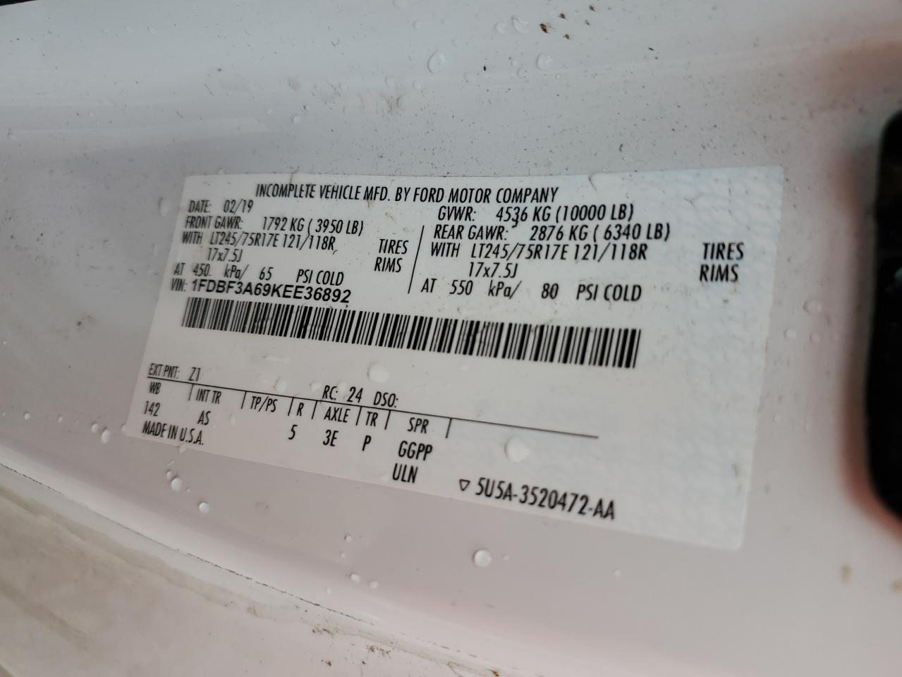 2019 Ford F350 Super Duty VIN: 1FDBF3A69KEE36892 Lot: 65490844