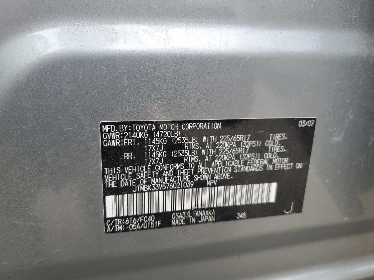 2007 Toyota Rav4 VIN: JTMBK33V576021039 Lot: 66653814