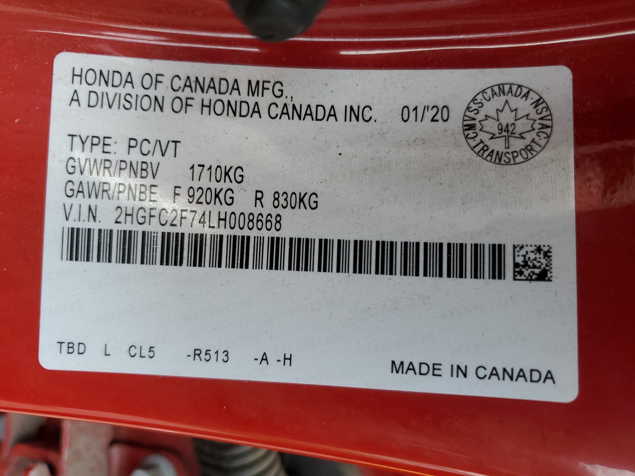 2HGFC2F74LH008668 2020 Honda Civic Ex