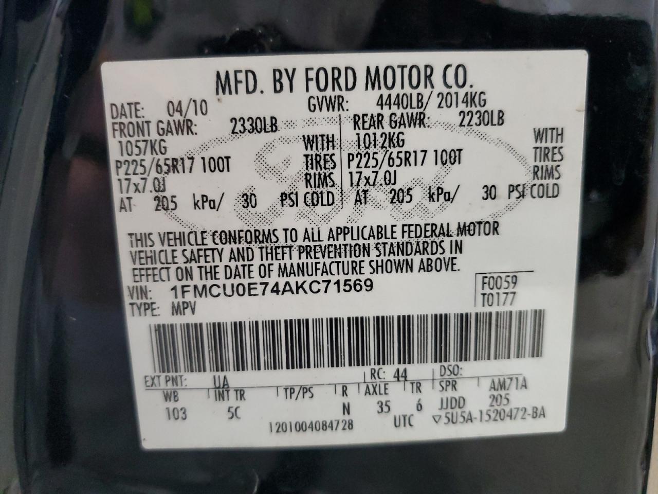 2010 Ford Escape Limited VIN: 1FMCU0E74AKC71569 Lot: 69081024