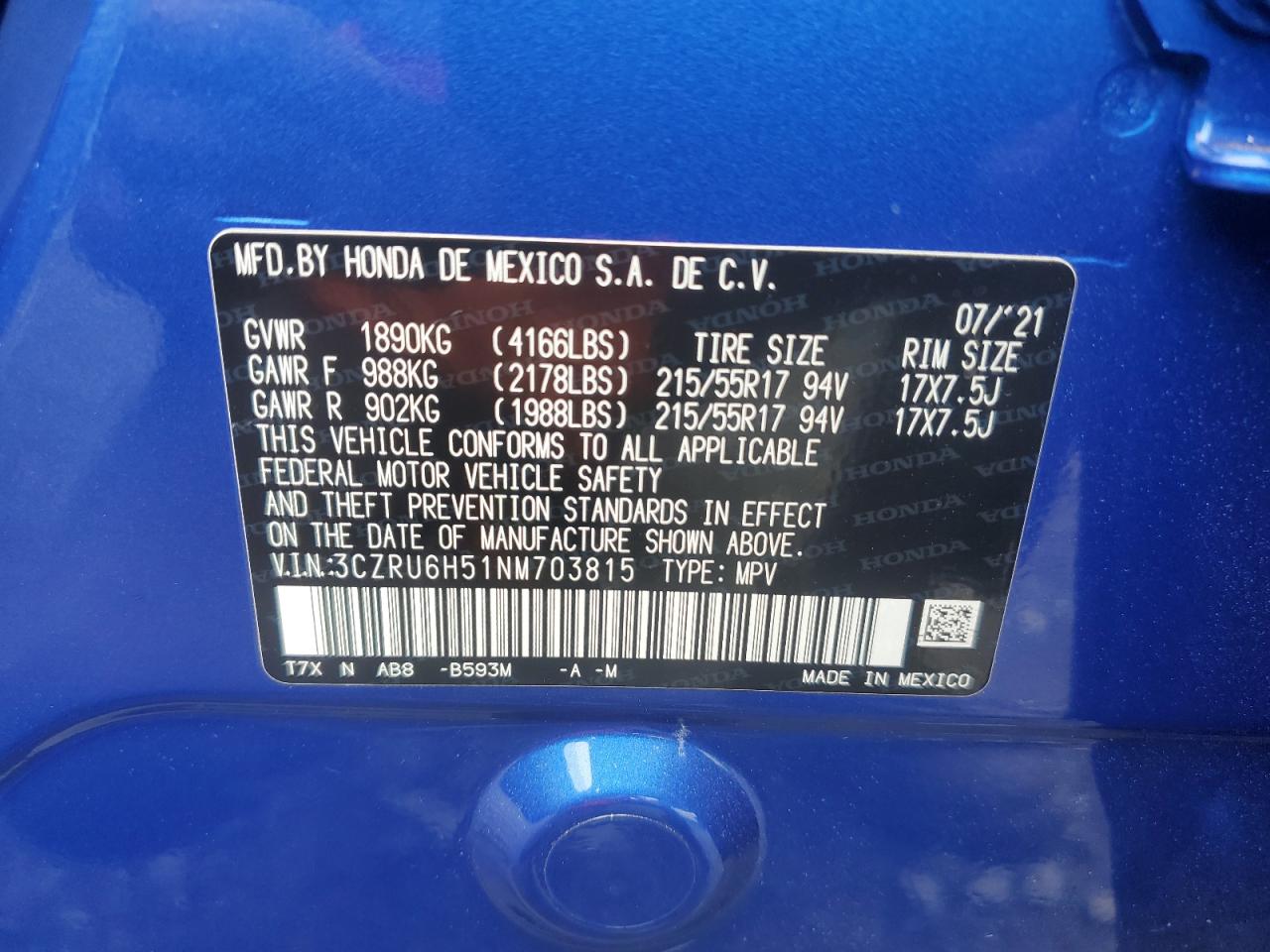 2022 Honda Hr-V Ex VIN: 3CZRU6H51NM703815 Lot: 65551574