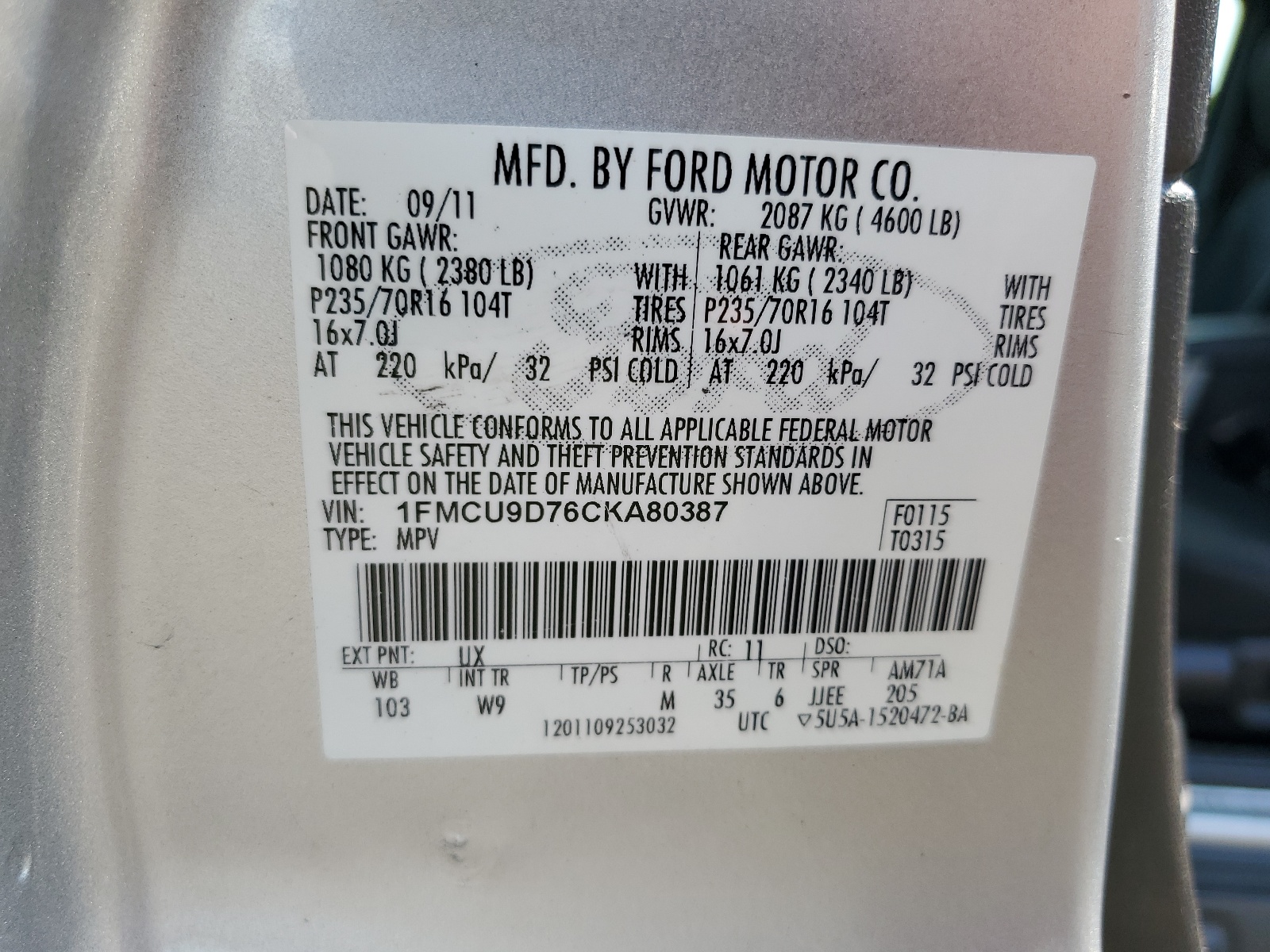 1FMCU9D76CKA80387 2012 Ford Escape Xlt