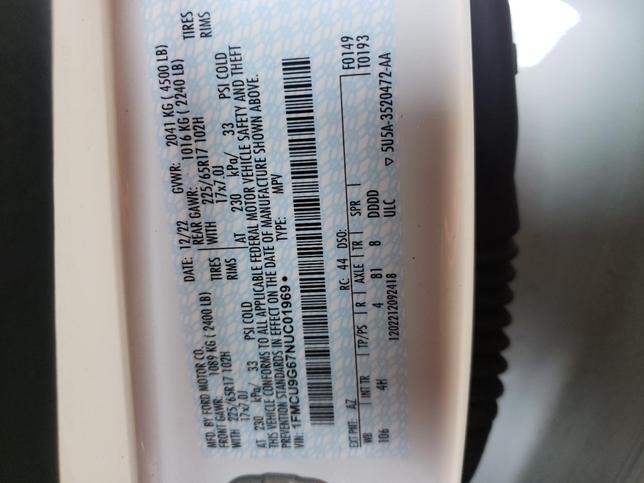 2022 Ford Escape Se VIN: 1FMCU9G67NUC01969 Lot: 66656764