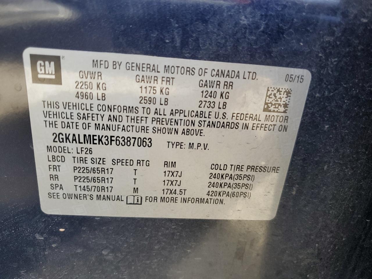 2GKALMEK3F6387063 2015 GMC Terrain Sle