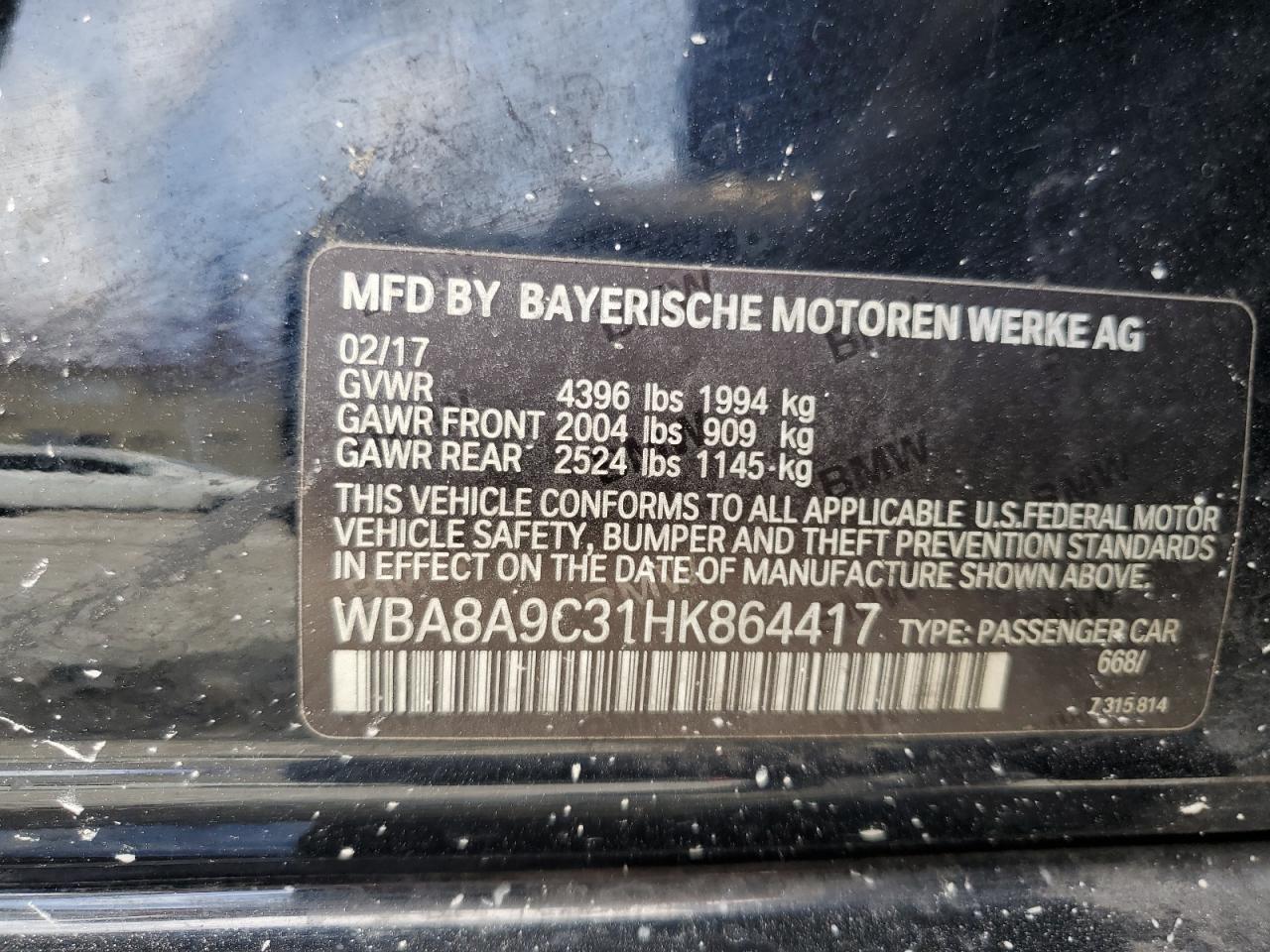 2017 BMW 320 I VIN: WBA8A9C31HK864417 Lot: 65719484